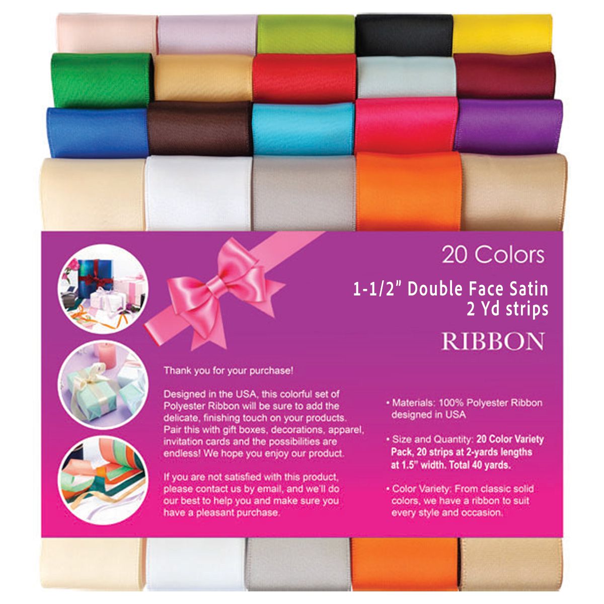 20 Colors - Double Face Satin Variety Pack Ribbon - 1-1/2" x 2yd.