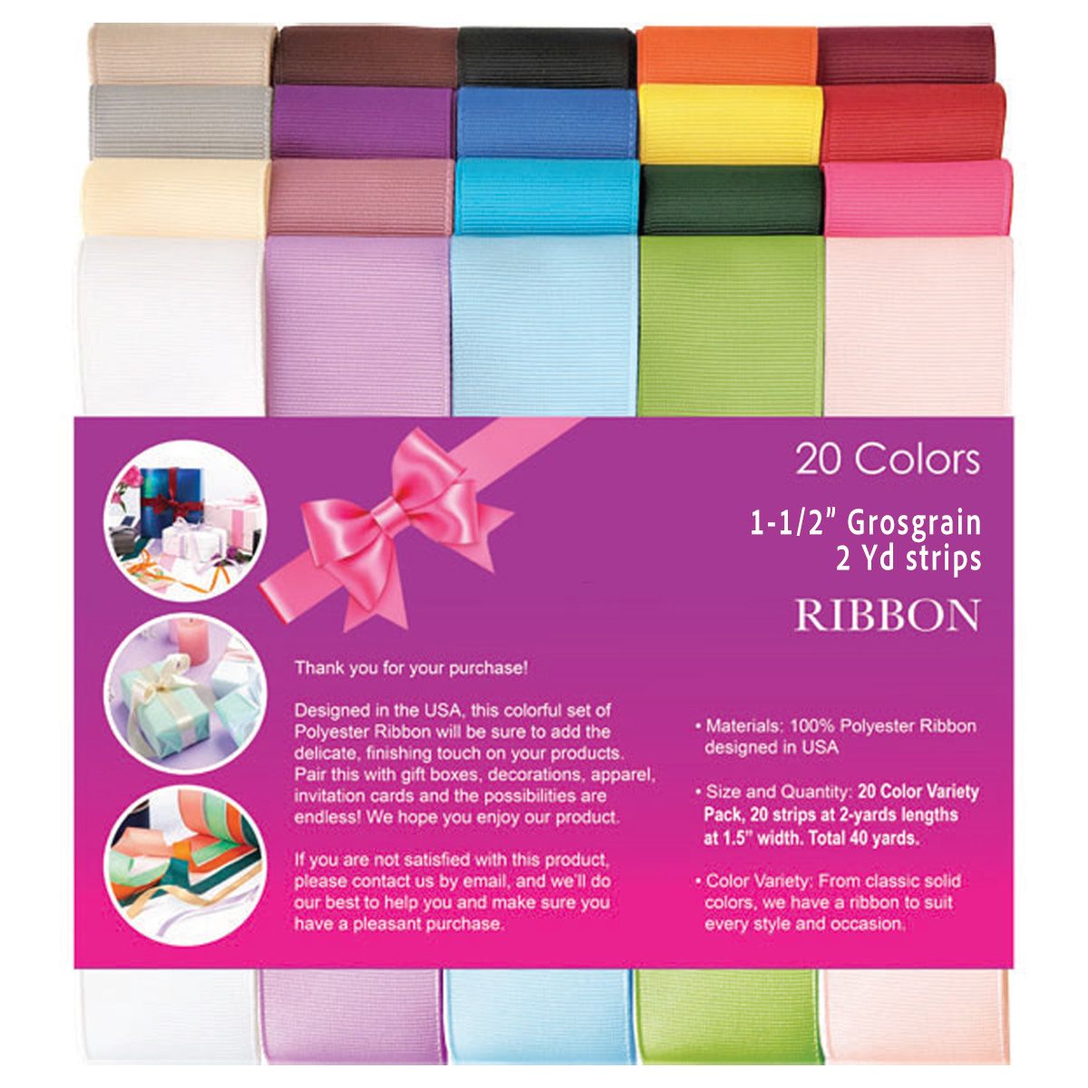 20 Colors - Grosgrain Variety Pack Ribbon - 1-1/2" x 2yd.