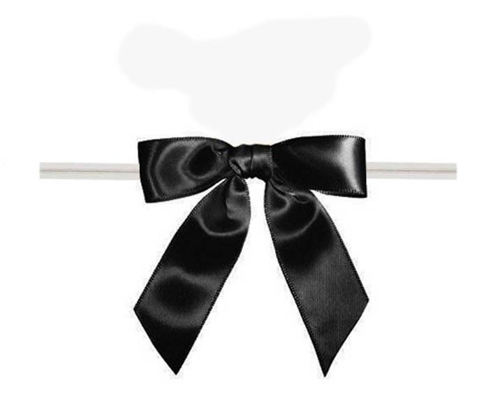 Black - Satin Bow with Twist Tie - 2-1/2" Width Bow - 4" Clear Twist Tie