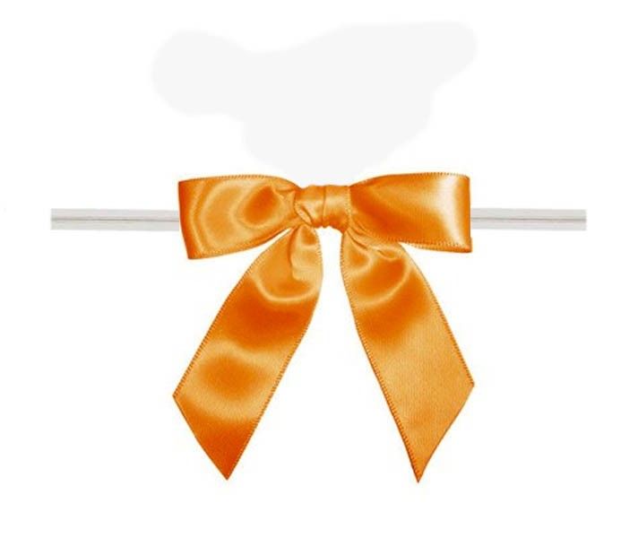 Orange - Satin Bow with Twist Tie - 2-1/2" Width Bow - 4" Clear Twist Tie