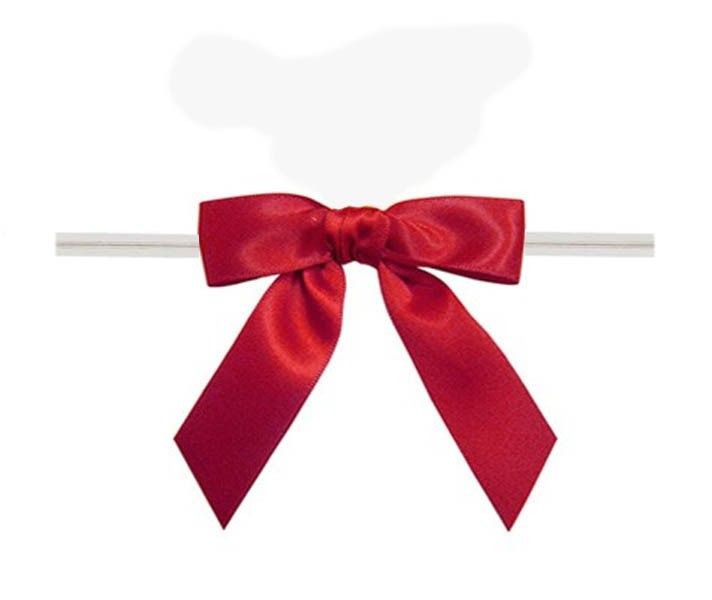 Red - Satin Bow with Twist Tie - 2-1/2" Width Bow - 4" Clear Twist Tie
