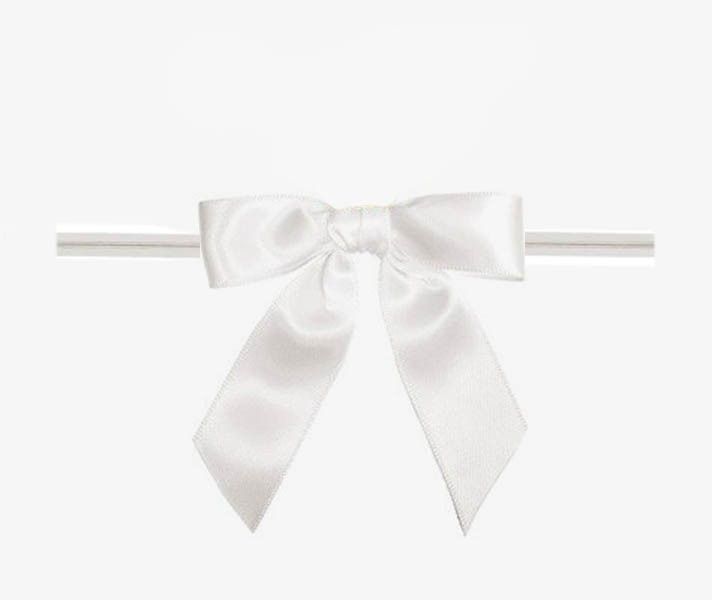 White - Satin Bow with Twist Tie - 2-1/2" Width Bow - 4" Clear Twist Tie