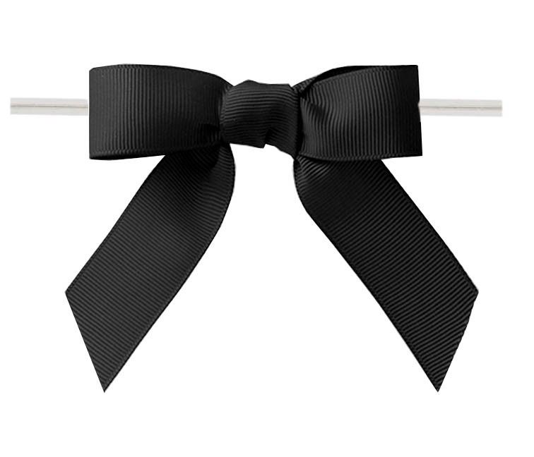 Black - Grosgrain Bow with Twist Tie - 3-1/2" Width Bow - 4" Clear Twist Tie