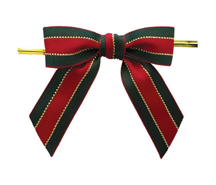 Xmas Stripe - Christmas Bow with Twist Tie - 3-1/2" Width Bow - 6" Gold Twist Tie