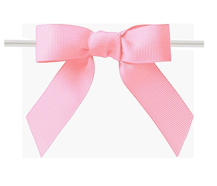 Pink - Grosgrain Bow with Twist Tie - 3-1/2" Width Bow - 4" Clear Twist Tie