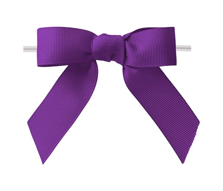 Purple - Grosgrain Bow with Twist Tie - 3-1/2" Width Bow - 4" Clear Twist Tie