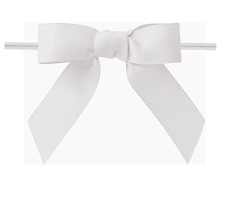 White - Grosgrain Bow with Twist Tie - 3-1/2" Width Bow - 4" Clear Twist Tie