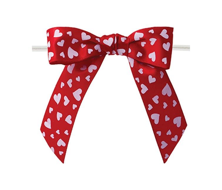 Hearts Print - Hearts Bow with Twist Tie - 3" Width Bow - 6" Clear Twist Tie
