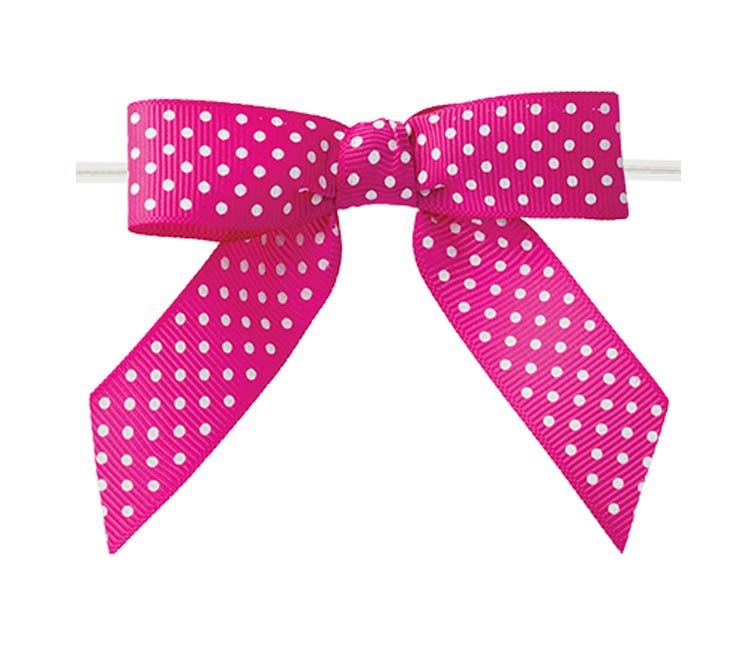 Shocking Pink Polka Dot - Polka Dot Bow with Twist Tie - 3-1/2" Width Bow - 4" Clear Twist Tie