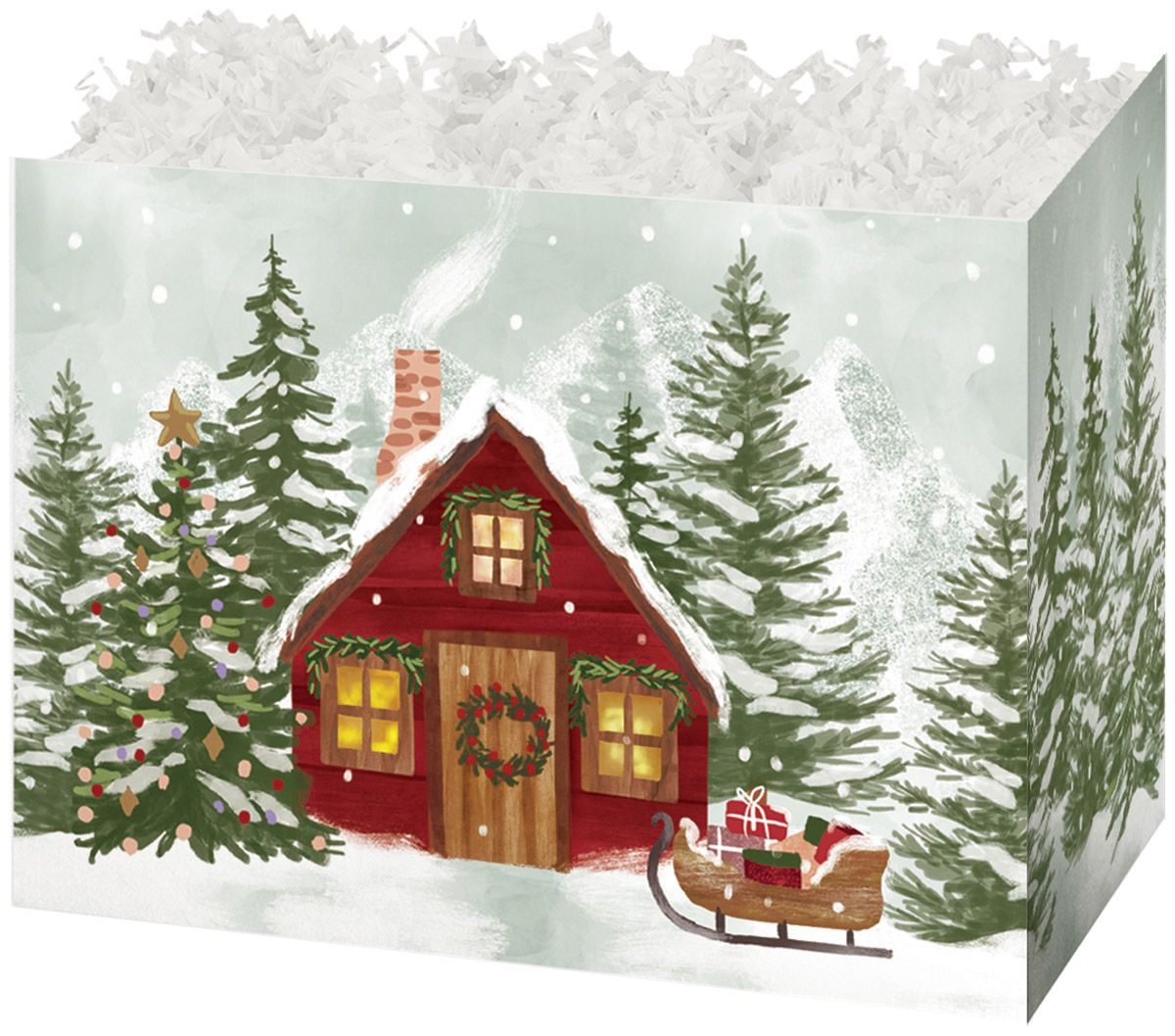 Christmas Cottage - Basket Box - 6-3/4 x 4 x 5"