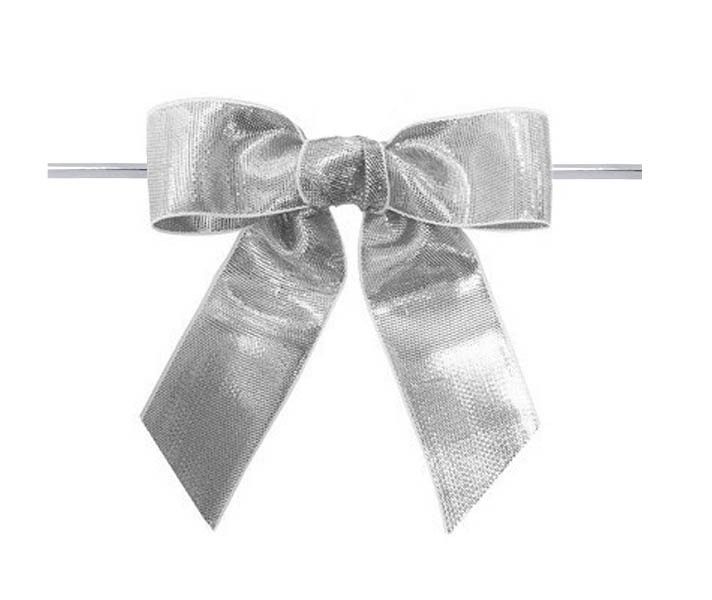 Silver Metallic - Metallic Bow with Twist Tie - 4" Width Bow - 6" Silver Twist Tie