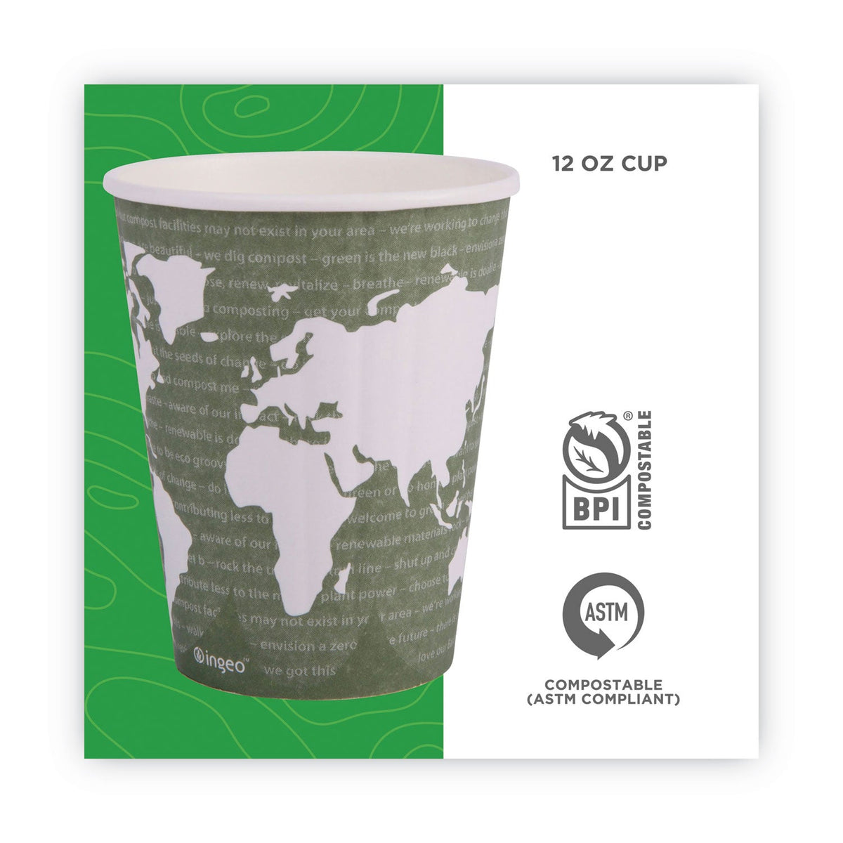 Eco-Products World Art Renewable and Compostable Insulated Hot Cups, PLA, 12 oz, 40/Packs, 15 Packs/Carton