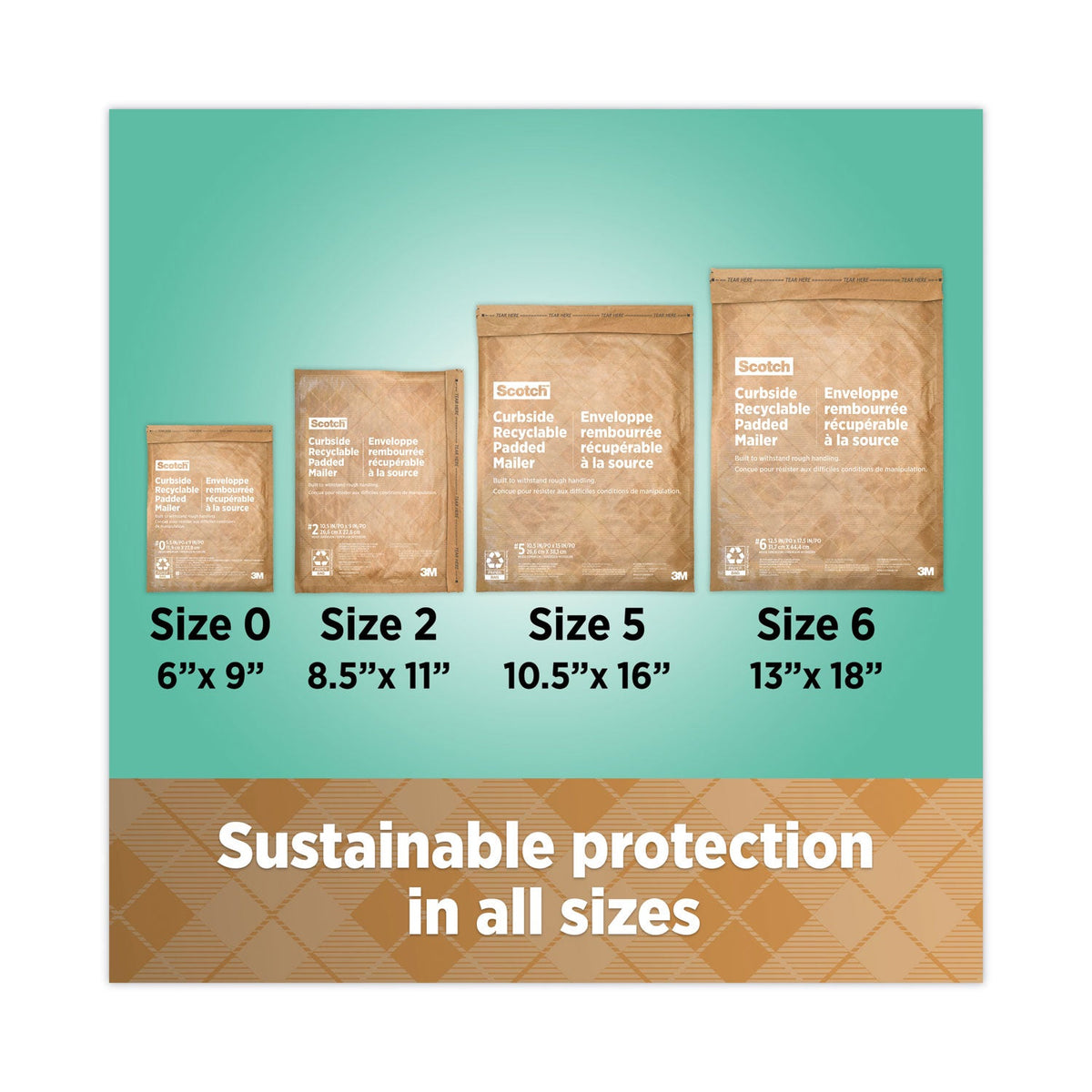 Scotch Curbside Recyclable Padded Mailer, #5, Bubble Cushion, Self-Adhesive Closure, 12 x 17.25, Natural Kraft, 100/Carton