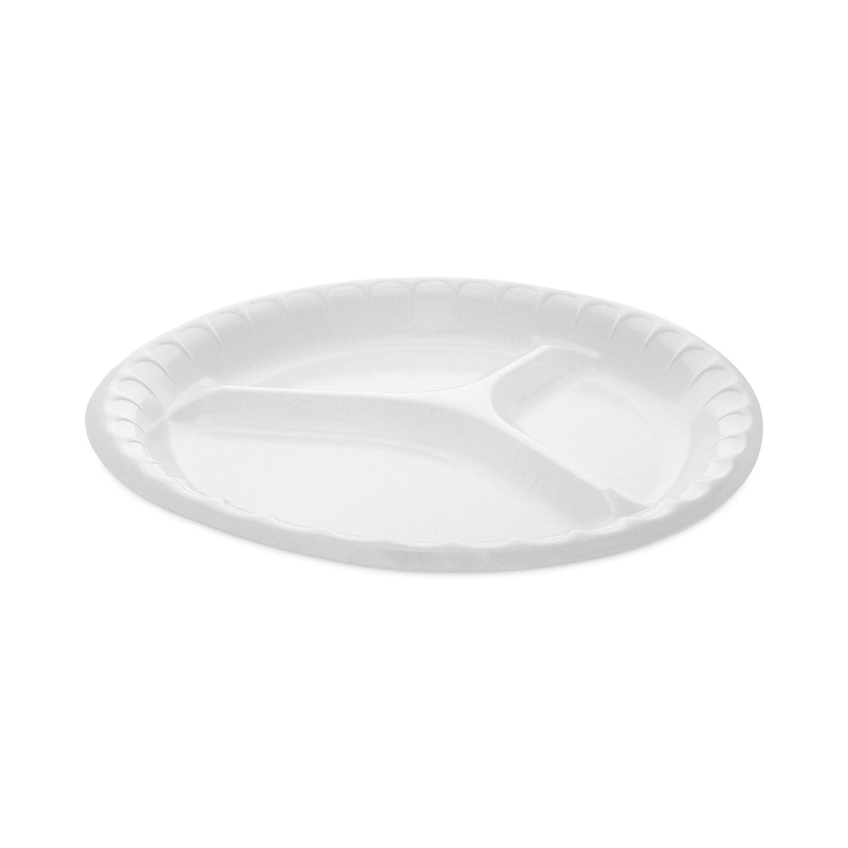 Pactiv Evergreen Placesetter Deluxe Laminated Foam Dinnerware, 3-Compartment Plate, 10.25" dia, White, 540/Carton