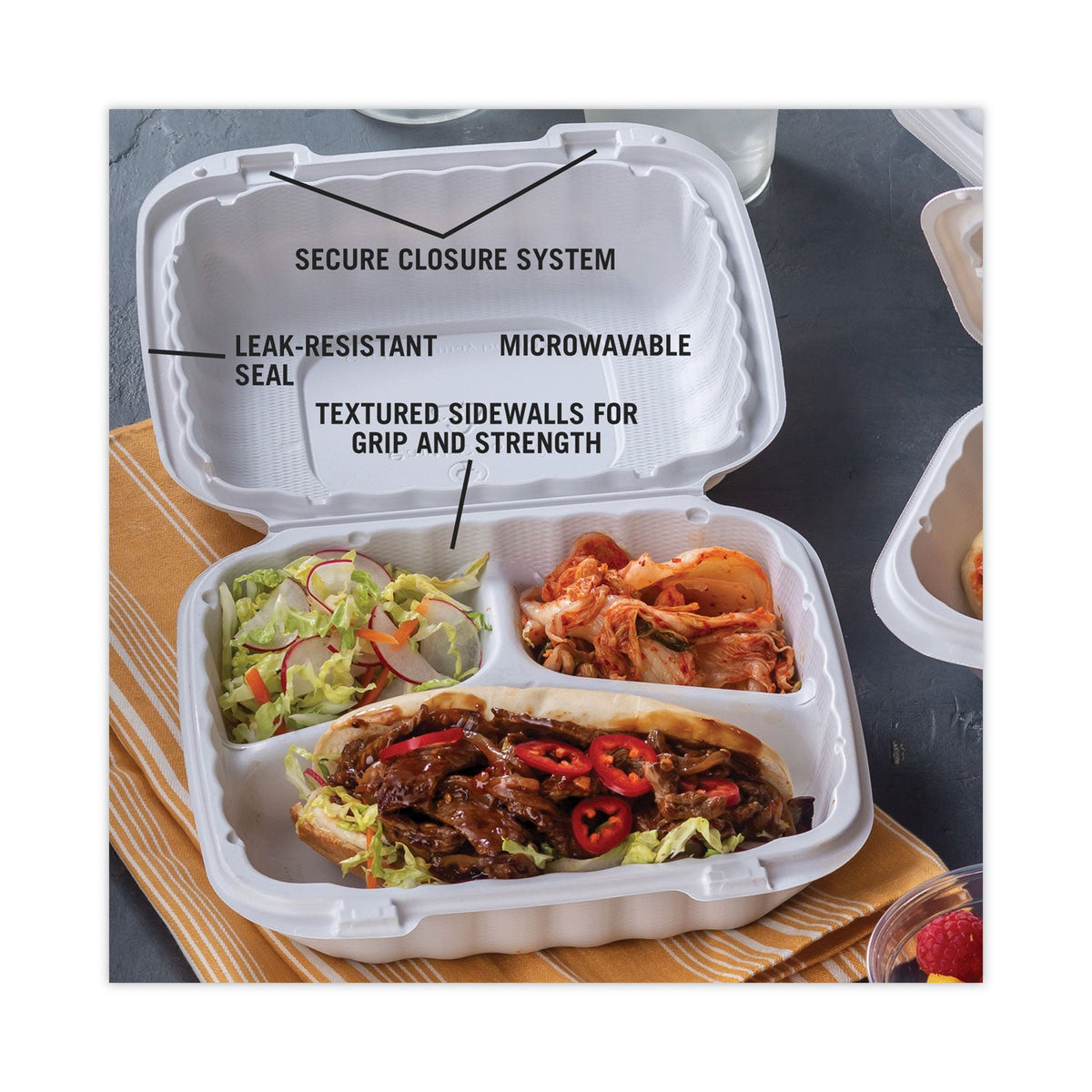 Pactiv Evergreen EarthChoice SmartLock Microwavable MFPP Hinged Lid Container, 3-Compartment, 8.31 x 8.35 x 3.1, White, Plastic, 200/Carton