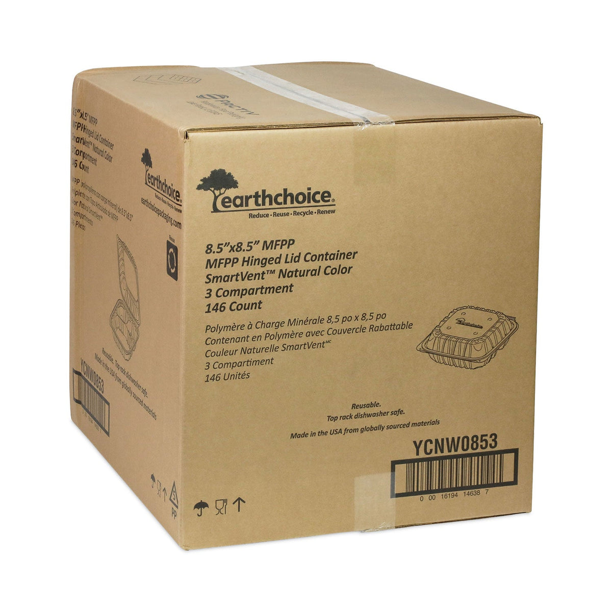 Pactiv Evergreen EarthChoice Vented Microwavable MFPP Hinged Lid Container, 3-Compartment, 8.5 x 8.5 x 3.1, White, Plastic, 146/Carton