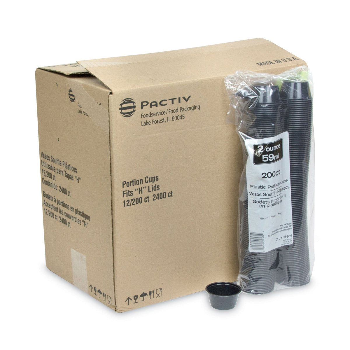 Pactiv Evergreen Plastic Portion Cup, 2 oz, Black, 200/Bag, 12 Bags/Carton