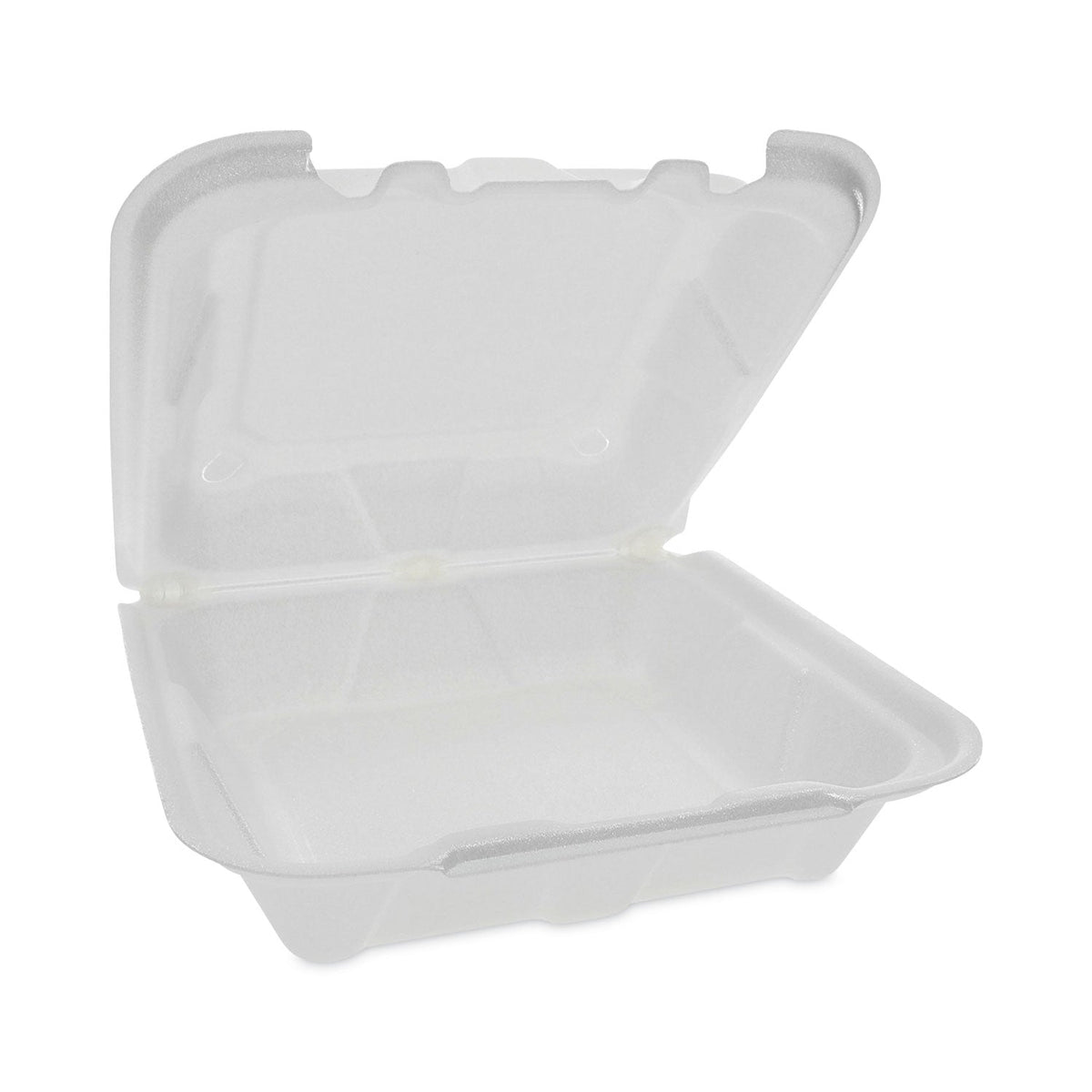 Pactiv Evergreen Vented Foam Hinged Lid Container, Dual Tab Lock, 8.42 x 8.15 x 3, White, 150/Carton