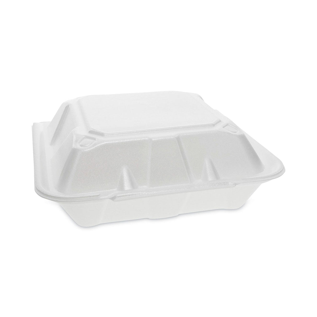 Pactiv Evergreen Vented Foam Hinged Lid Container, Dual Tab Lock, 3-Compartment, 9.13 x 9 x 3.25, White, 150/Carton