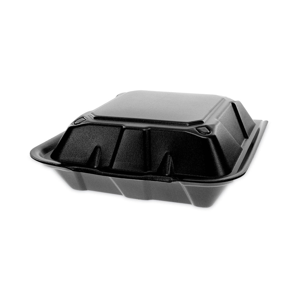 Pactiv Evergreen Vented Foam Hinged Lid Container, Dual Tab Lock, 9 x 9 x 3.25, Black, 150/Carton