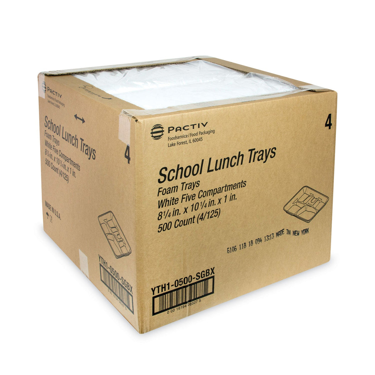 Pactiv Evergreen Foam School Trays, 5-Compartment, 8.25 x 10.5 x 1, White, 500/Carton
