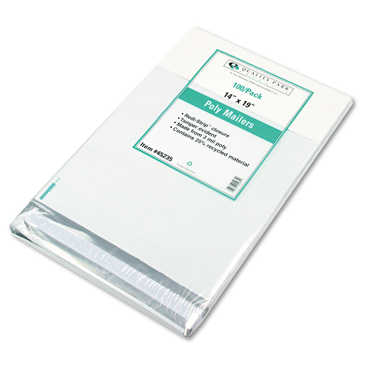 Quality Park Redi-Strip Poly Mailer, #6, Square Flap, Redi-Strip Adhesive Closure, 14 x 19, White, 100/Pack