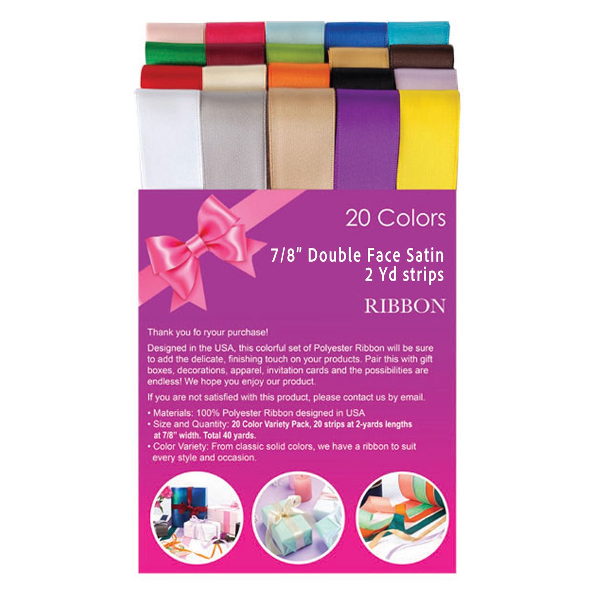 20 Colors - Double Face Satin Variety Pack Ribbon - 7/8" x 2yd.