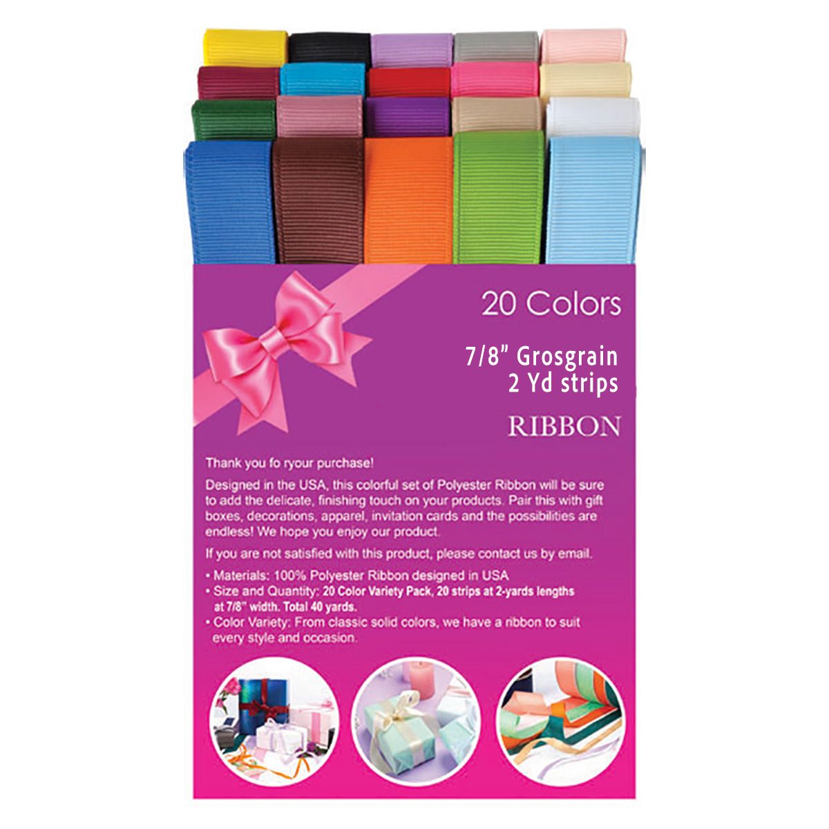 20 Colors - Grosgrain Variety Pack Ribbon - 7/8" x 2yd.