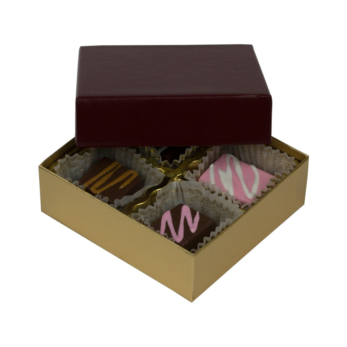 Burgundy Lid / Gold Base - Rigid Candy Box - Lid & Base - (1/8 lb) 3-1/2 x 3-1/4 x 1-1/8"