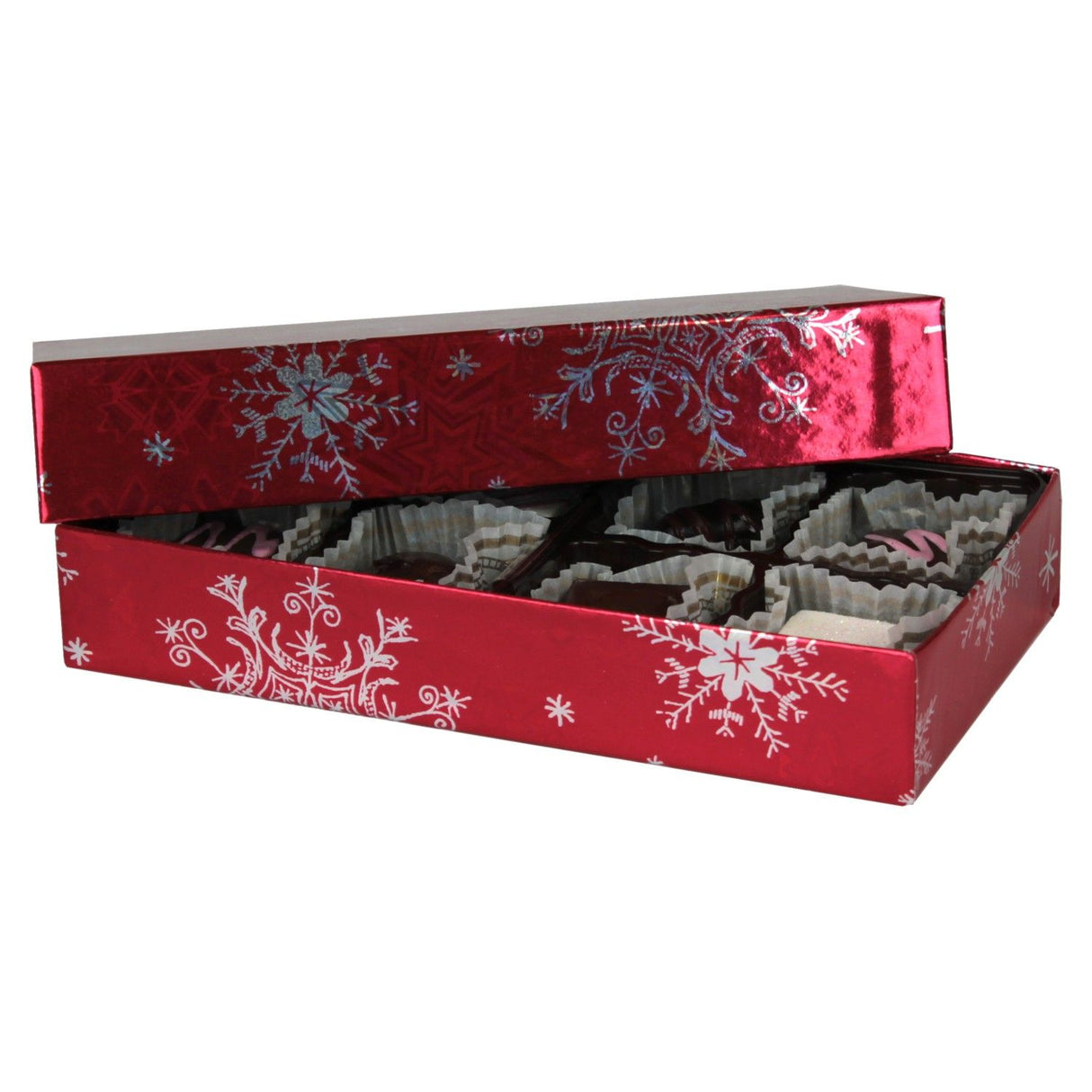 Red Snowflake - Rigid Candy Box - Lid & Base - (1/4 lb) 6-1/2 x 3-1/2 x 1-1/8"