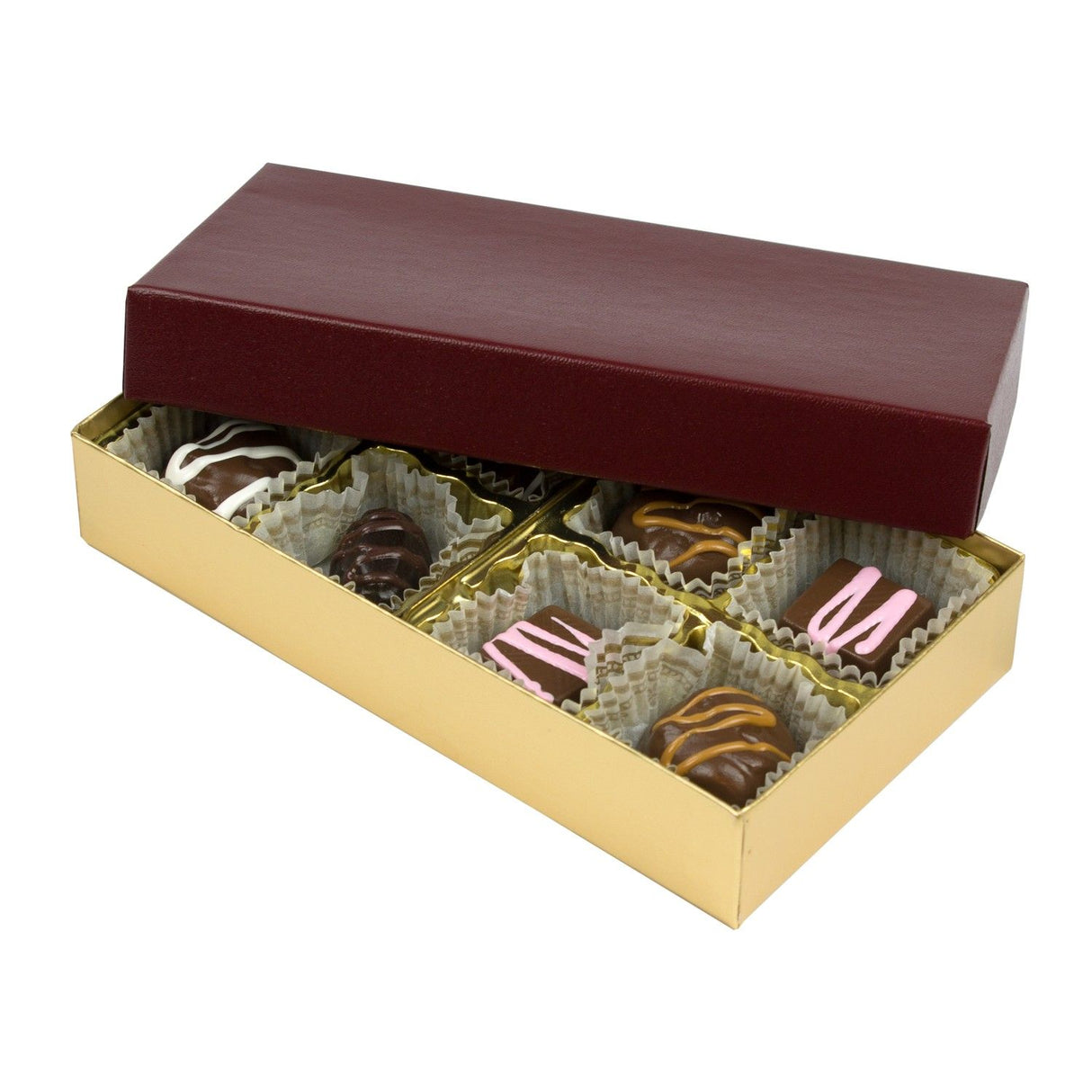 Burgundy Lid / Gold Base - Rigid Candy Box - Lid & Base - (1/4 lb) 6-1/2 x 3-1/2 x 1-1/8"
