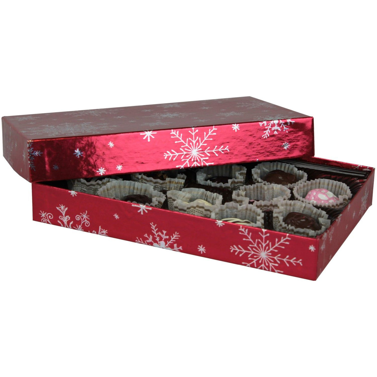 Red Snowflake - Rigid Candy Box - Lid & Base - (1/2 lb) 8-1/8 x 5-1/4 x 1-1/8"