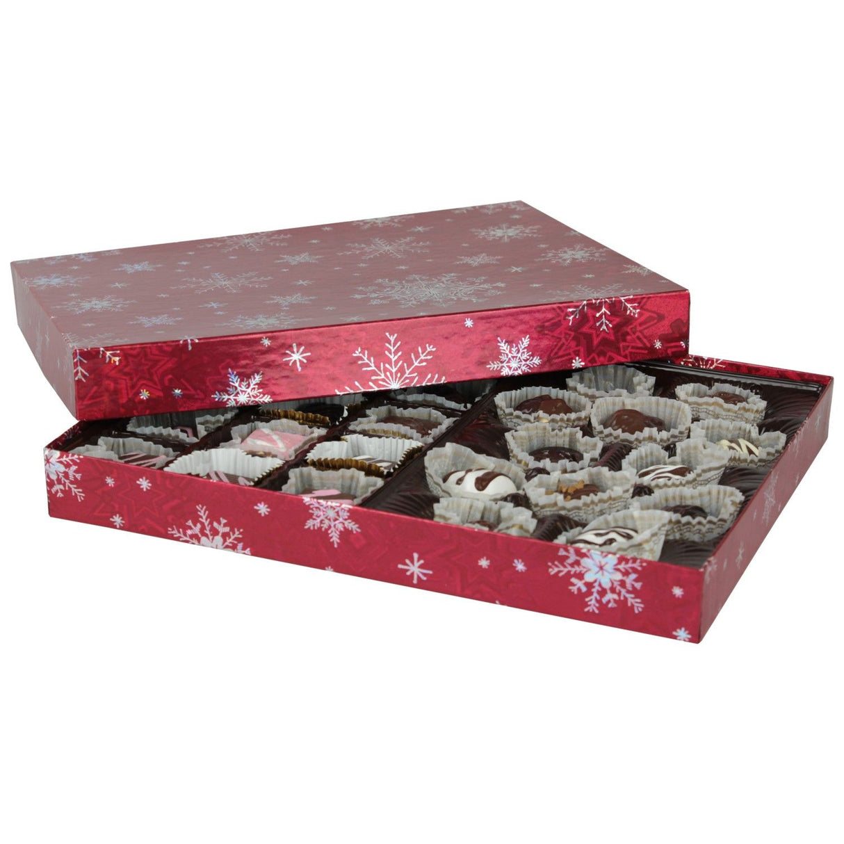 Red Snowflake - Rigid Candy Box - Lid & Base - (1 lb) 10-1/2 x 8-1/8 x 1-1/8"