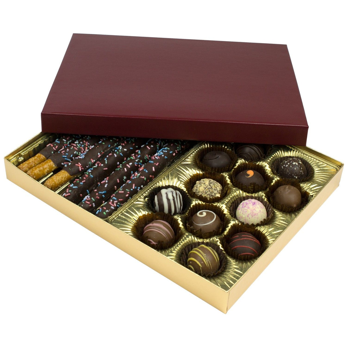 Burgundy Lid / Gold Base - Rigid Candy Box - Lid & Base - (1 lb) 10-1/2 x 8-1/8 x 1-1/8"