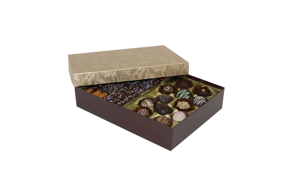 Elegant Gold Lid / Chocolate Base - Rigid Candy Box - Lid & Base - (2 lb) 10-1/2 x 8-1/8 x 2-3/16"