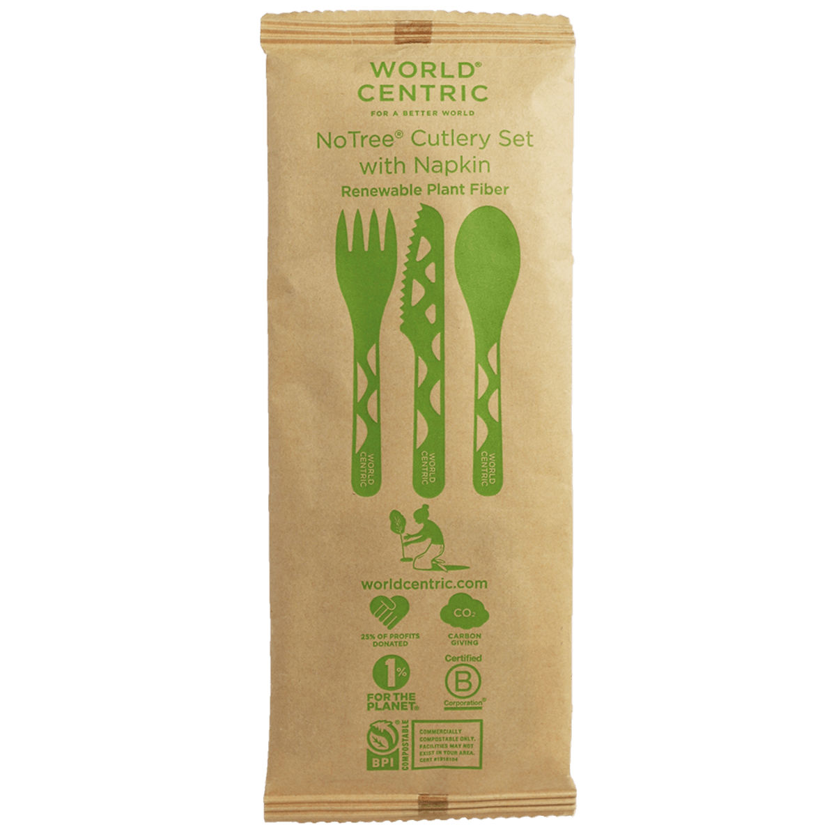 World Centric 6” Wrapped Fiber Cutlery Set: Fork, Knife, Spoon, Napkin (QTY:250)