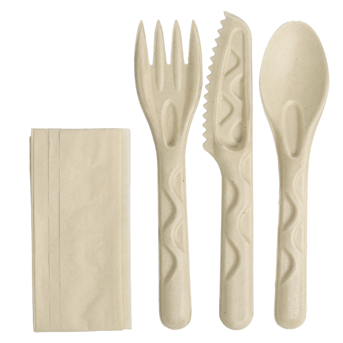 World Centric 6” Wrapped Fiber Cutlery Set: Fork, Knife, Spoon, Napkin (QTY:250)