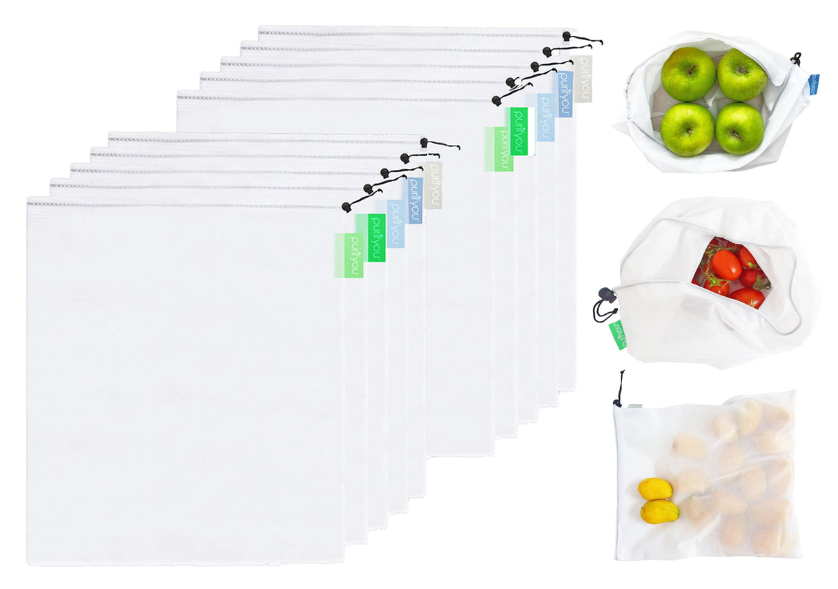 purifyou Reusable Mesh Bags - Market Bag for Fresh Produce, Groceries, Storage & Gifts (sold per set)