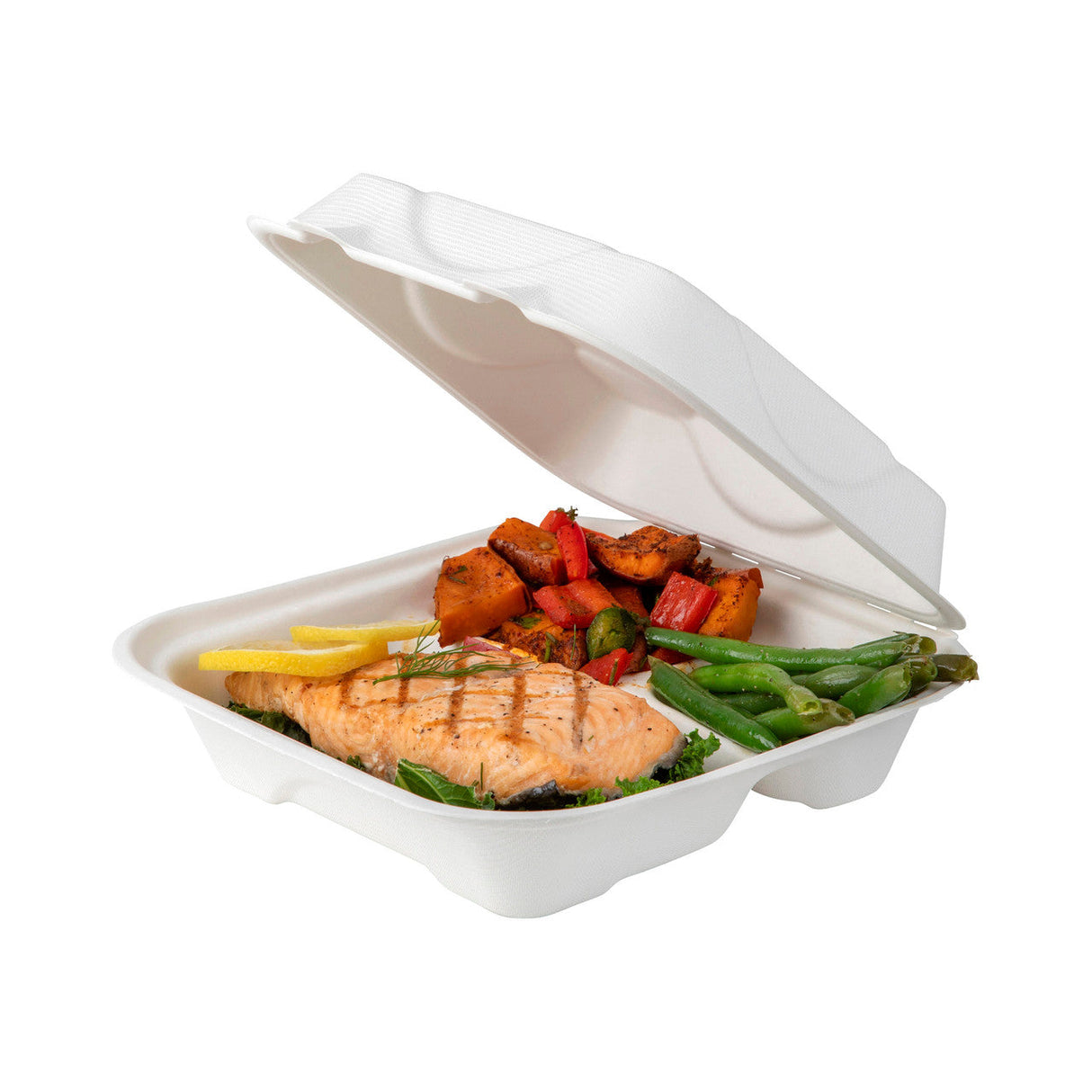 Eco-Products Vanguard Soak Proof 8 x 8 x 3 in 3-Compartment Molded Fiber Clamshell Compostable Takeout Container (QTY 200), SKU EP-HCL83NFA