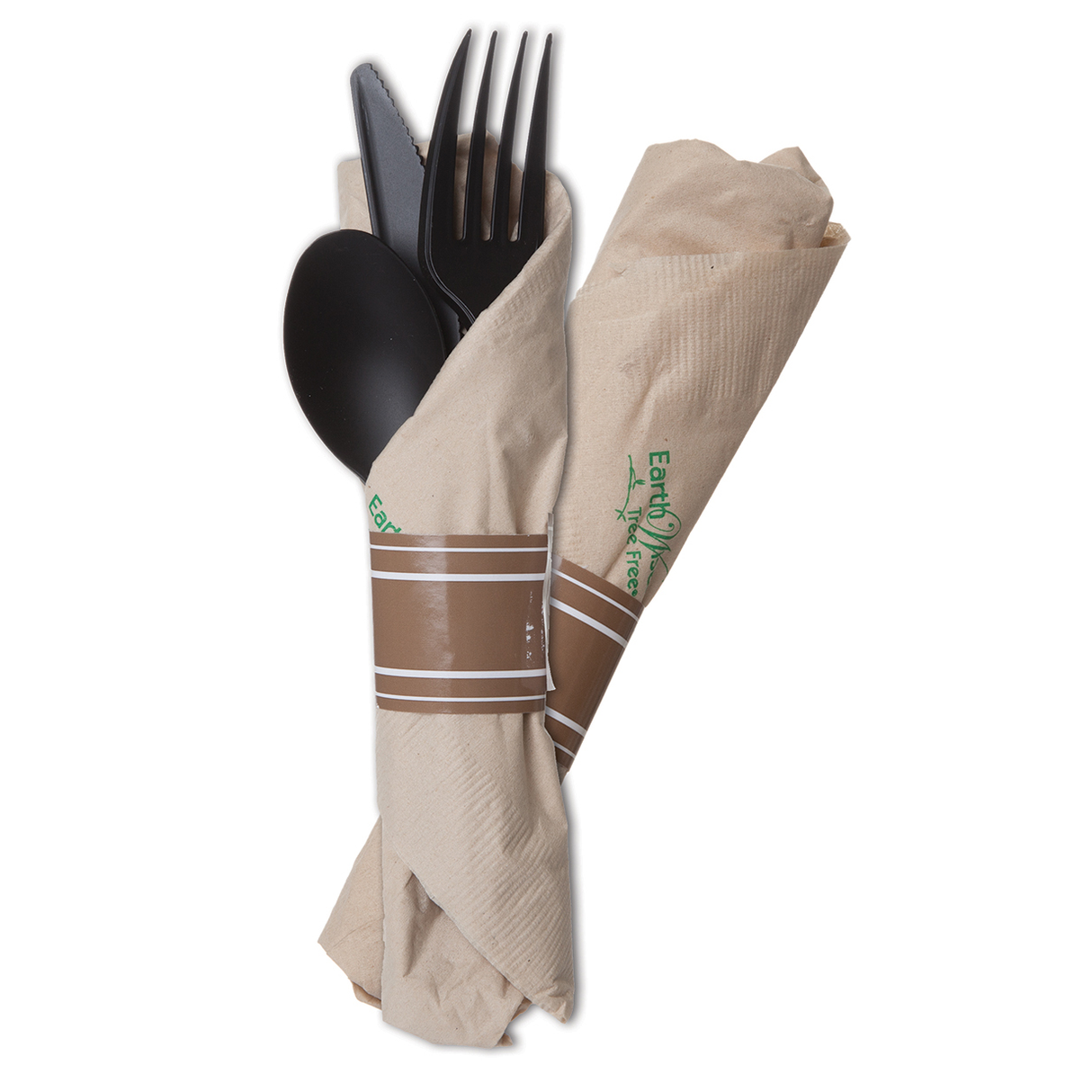 Eco-Products Vine Cutlery Roll Kit Fork Knife Spoon Napkin 7in Black PLA Compostable (QTY 100), SKU ESVBKEROLL3