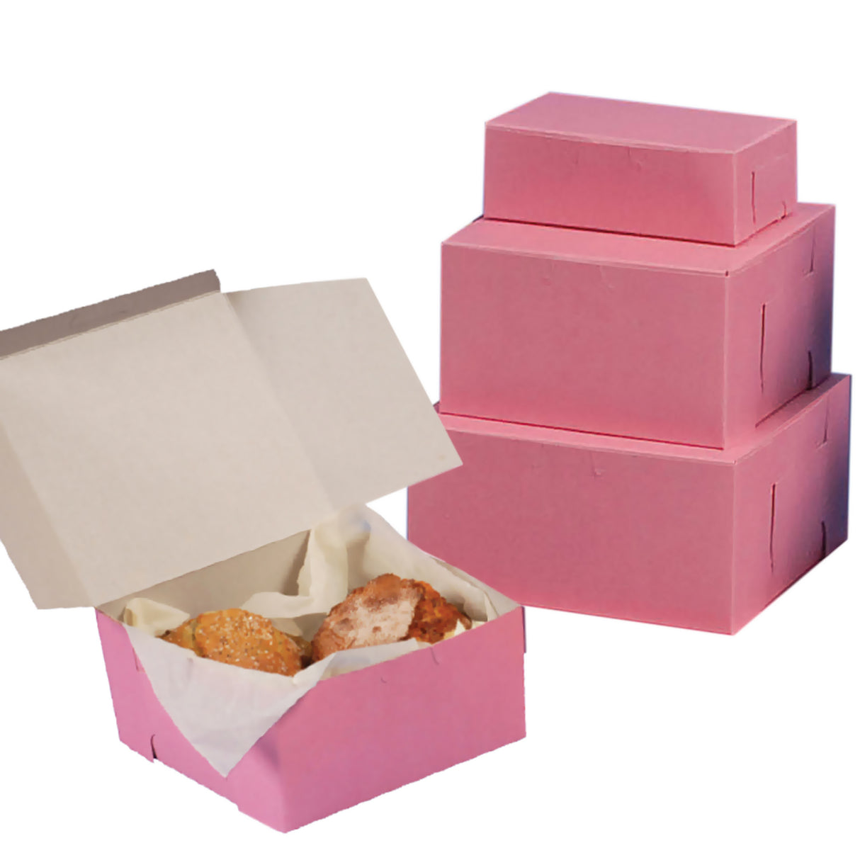 Pink cake and bakery boxes shown on a white background, with one open box containing pastries and a stack of three closed boxes behind it.