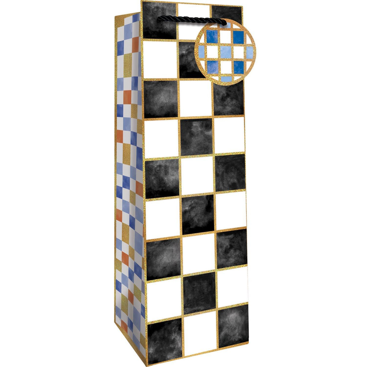 Black & White Checkers - Wine Bag - 4-1/2 x 4-1/2 x 14"