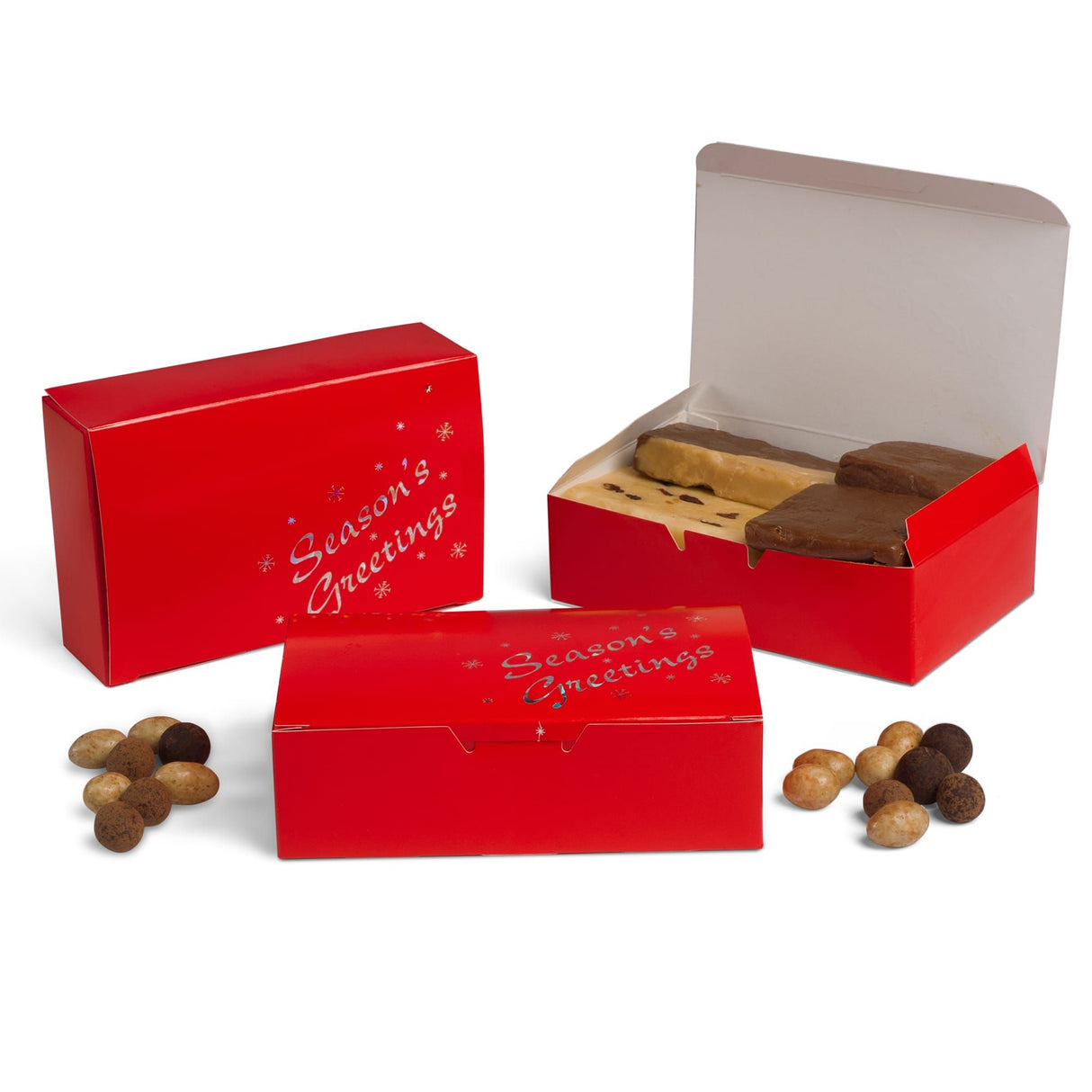 Red w/Season's Greetings - Folding Candy Box - (1-1/2 lb) 7 x 4-1/2 x 2"