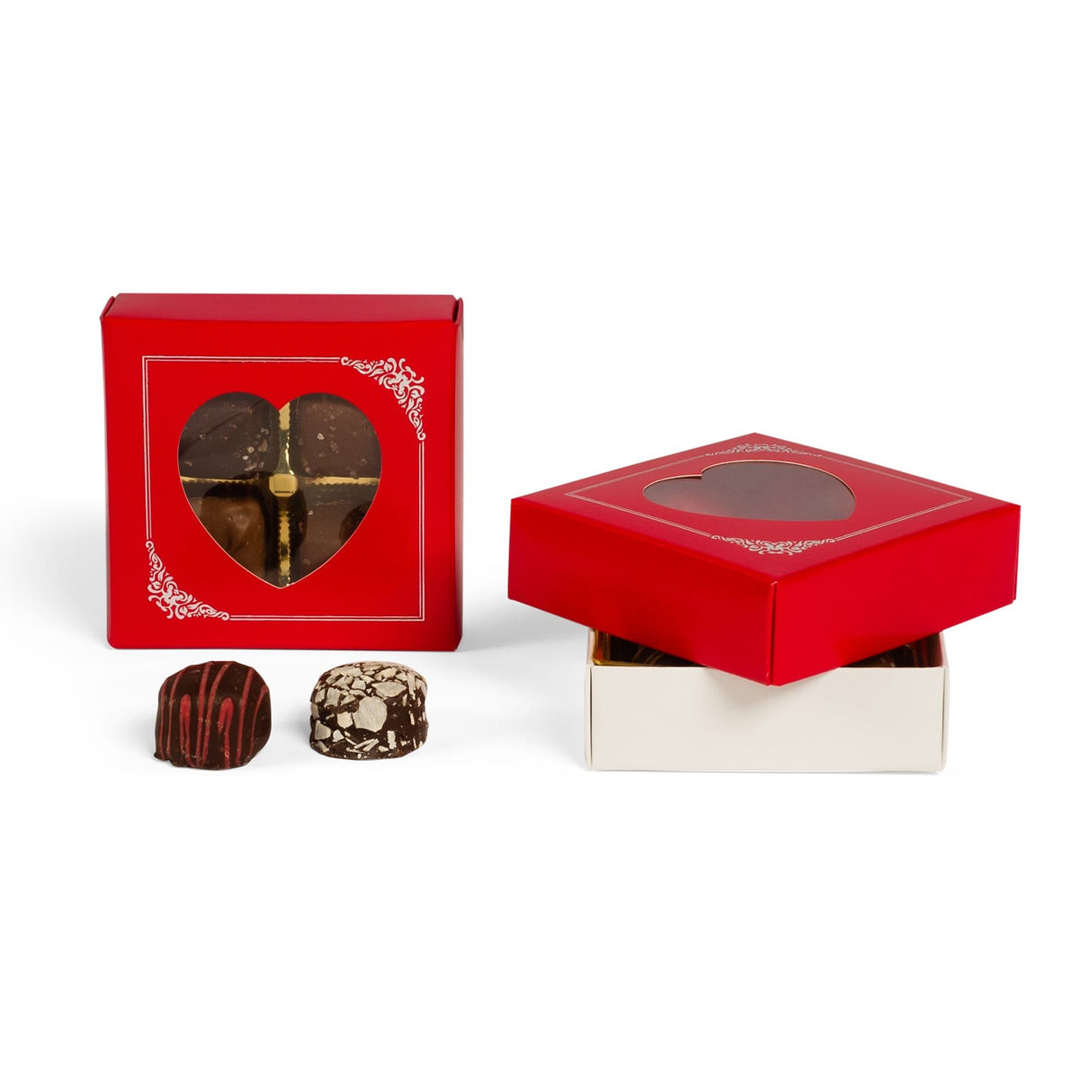 Red Heart Window - Metallic Silver Border - Candy Box Lid - (3 oz) 3-11/16 x 3-11/16 x 1-1/8"