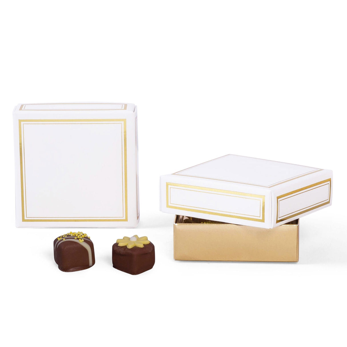 White/Gold Trim - Candy Box Lid - (3 oz x 2 Layers) 3-11/16 x 3-11/16 x 1-1/8"