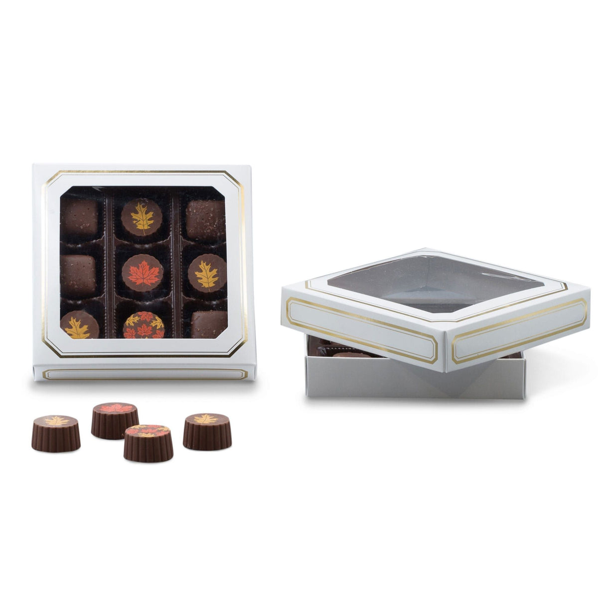 White Window/Gold Trim - Candy Box Lid - (8 oz x 2 Layers) 5-3/4 x 5-3/4 x 1-1/8"