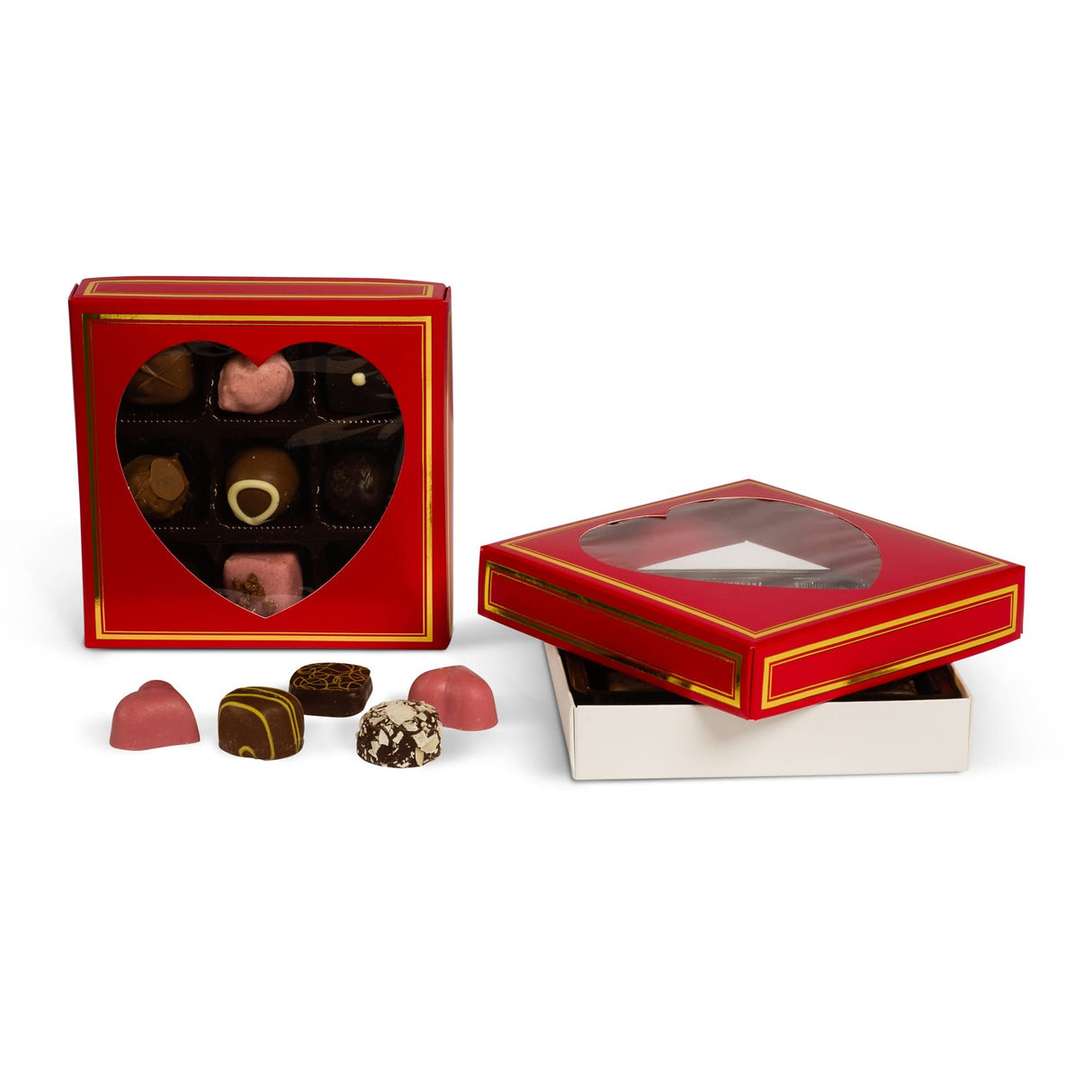 Red Heart Window/Gold Trim - Candy Box Lid - (8 oz x 2 Layers) 5-3/4 x 5-3/4 x 1-1/8"