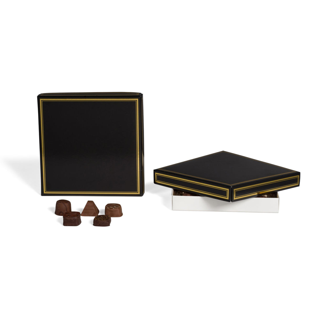 Black/Gold Trim - Candy Box Lid - (16 oz x 2 Layers) 7-3/4 x 7-3/4 x 1-1/8"