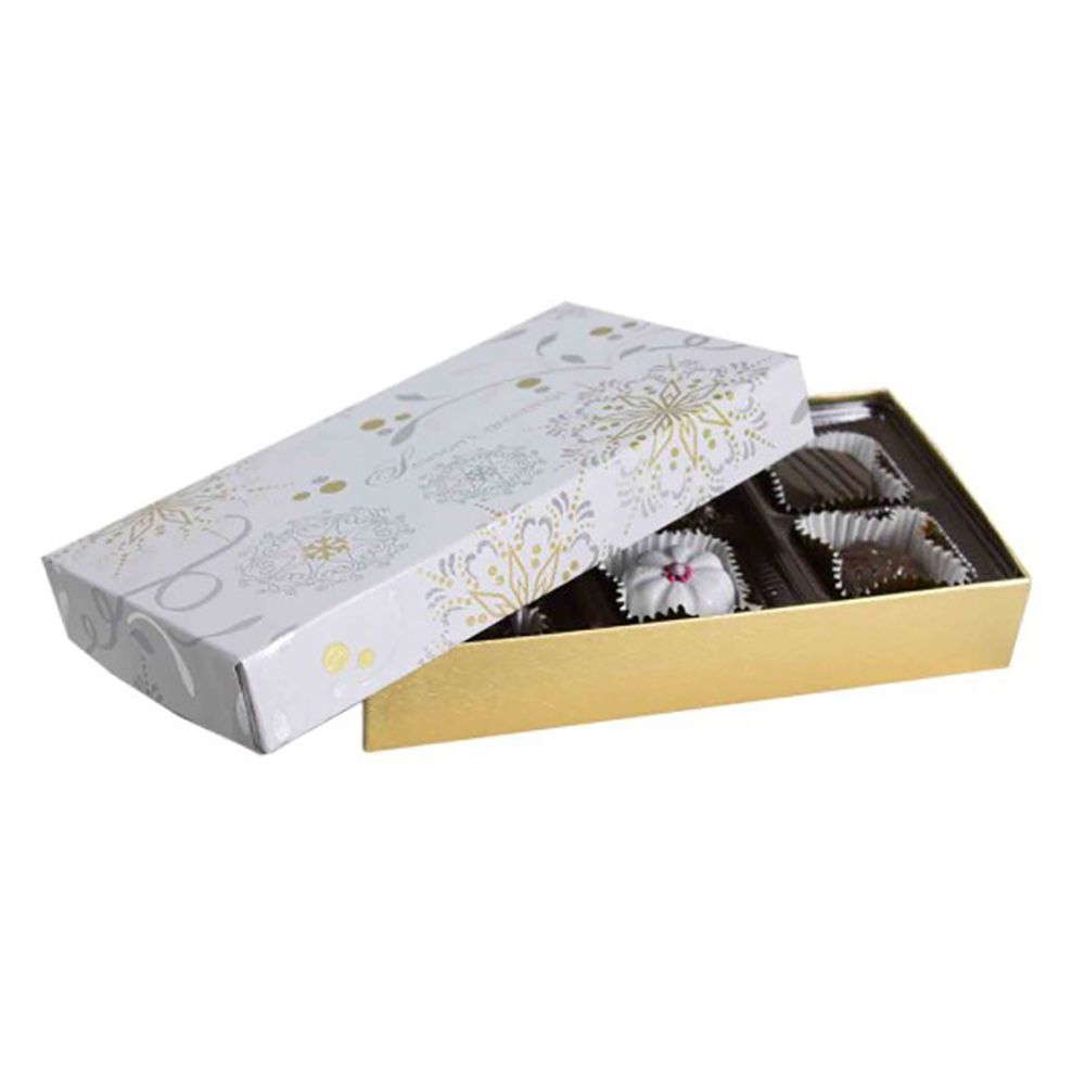 Gold & Silver Snowflake - Rigid Candy Box - Lid & Base - (1/4 lb) 6-1/2 x 3-1/2 x 1-1/8"