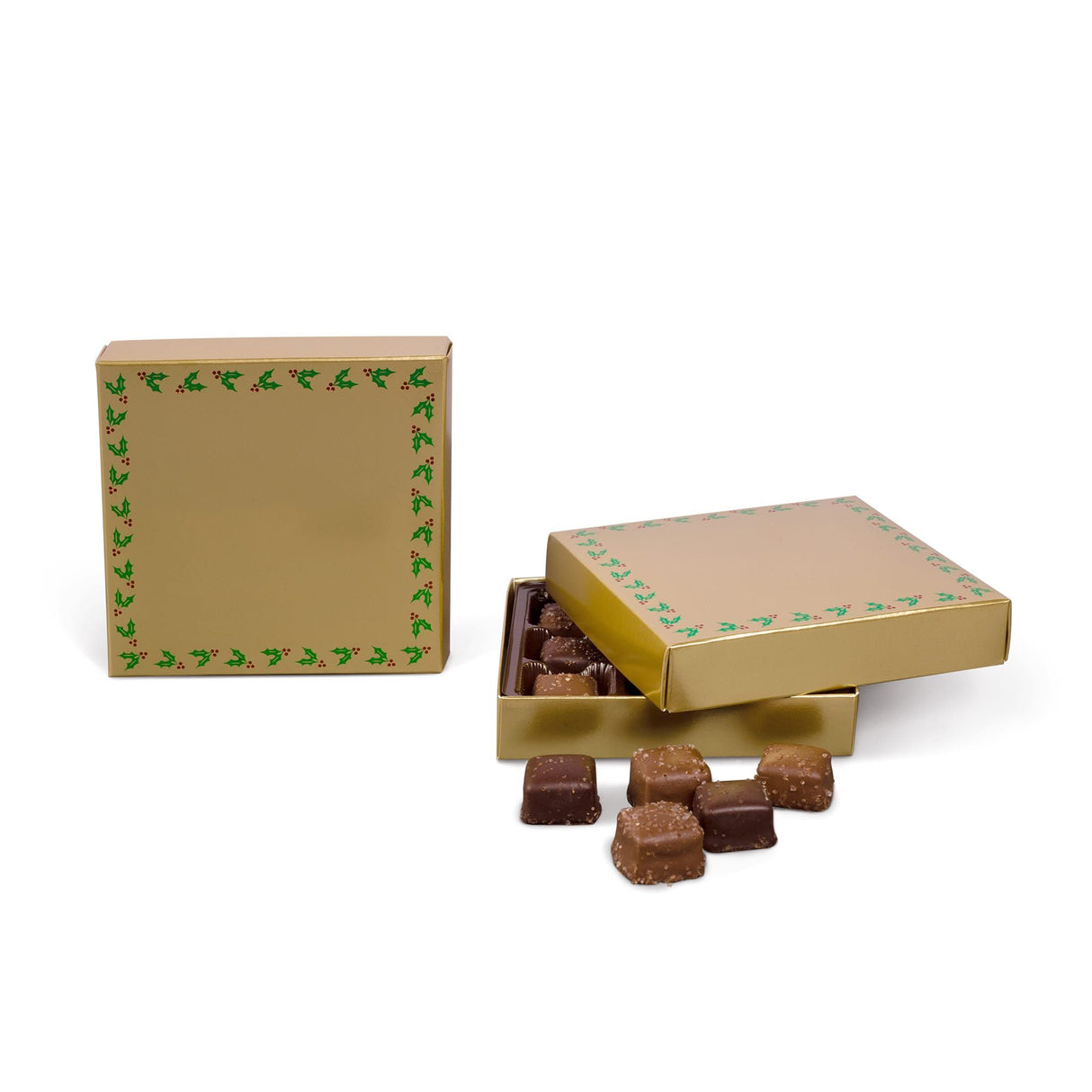 Holly Berries Gold - Candy Box Lid - (8 oz) 5-3/4 x 5-3/4 x 1-1/8"